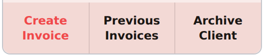 A client tile's action row: Create Invoice, Previous Invoices, and Archive Client.