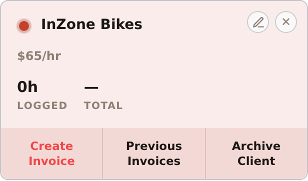 The new InZone Bikes client tile on mobile, with its color dot, name, rate, logged hours/total, and its Create Invoice, Previous Invoices, and Archive Client actions.