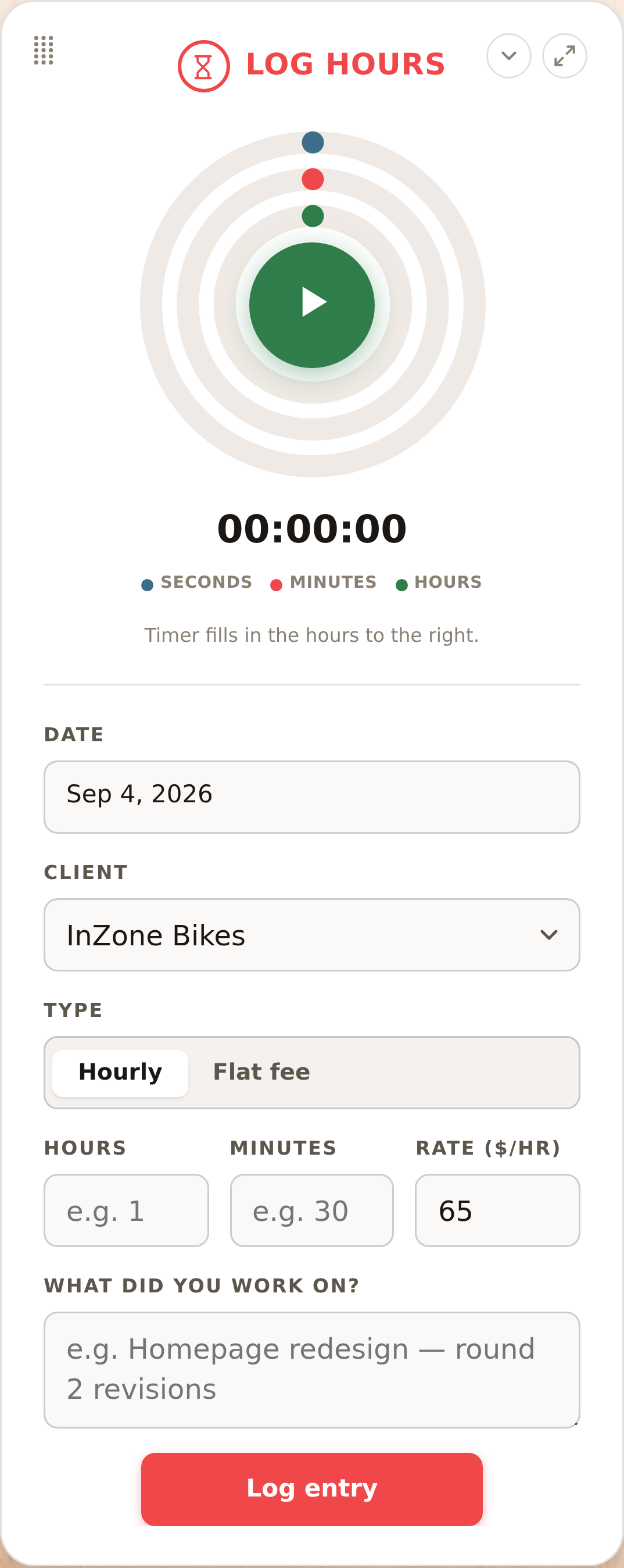The whole Log hours card on mobile, with its stopwatch, Date, Client, Type, Hours, Minutes, Rate, and description fields, plus the Log entry button.