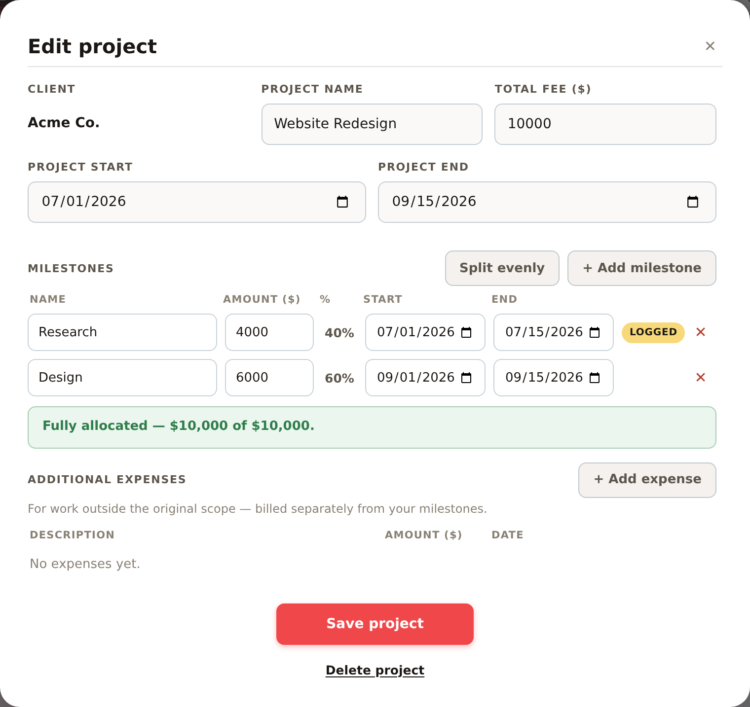 The Edit project popup with client, project name, total fee, dates, milestones, and additional expenses.