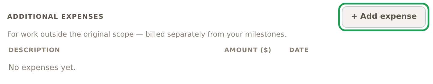 The Additional expenses section with the Add expense button outlined in green.