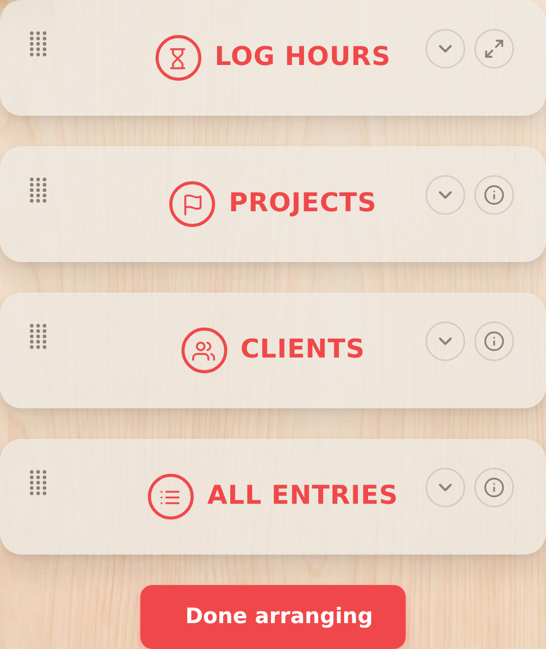 The same bars back in the flow, now with Projects moved up to the second spot, and a Done arranging button below the stack.