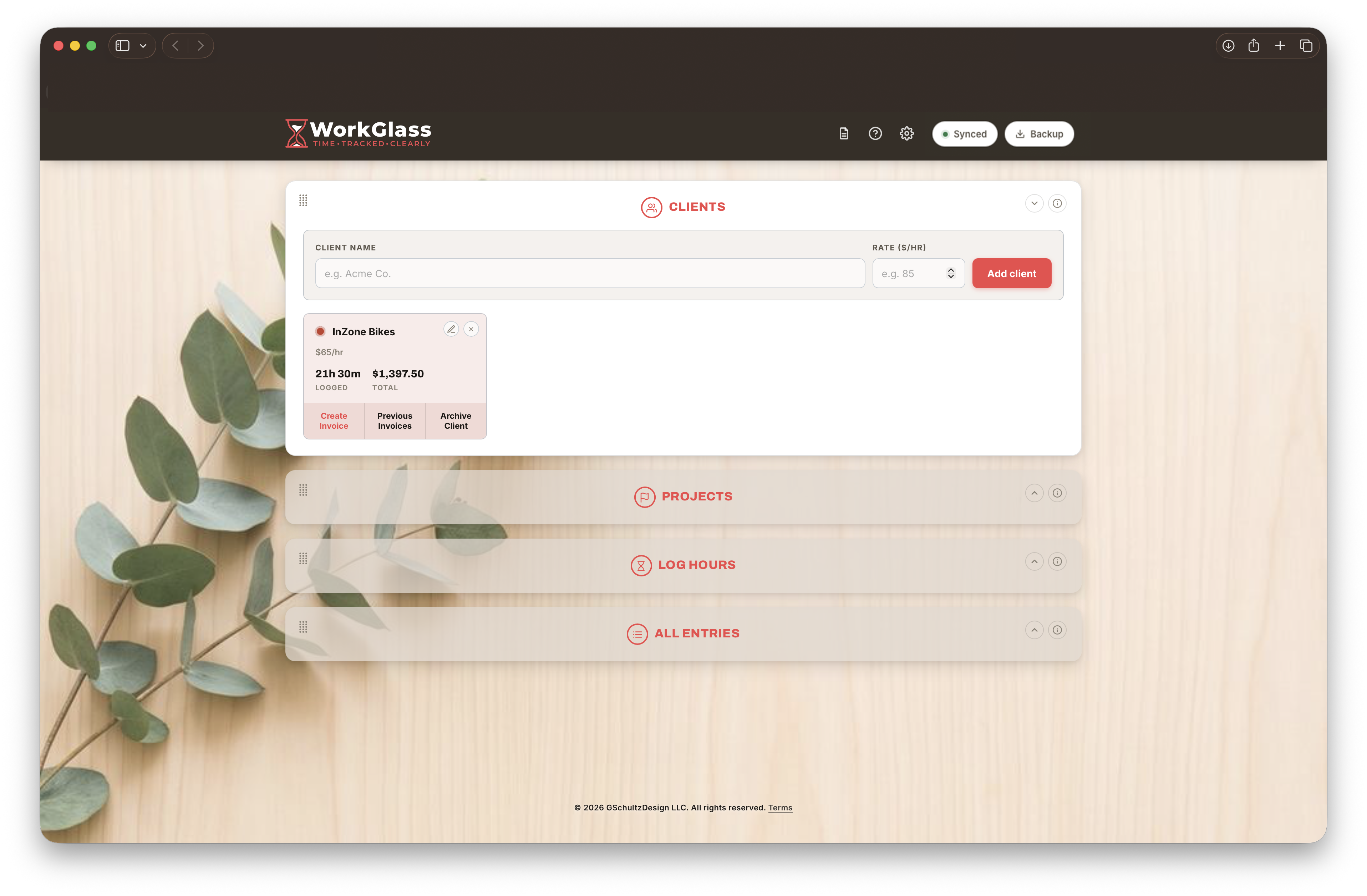 The dashboard with the Clients card open and the InZone Bikes tile, with its Create Invoice, Previous Invoices, and Archive Client actions.