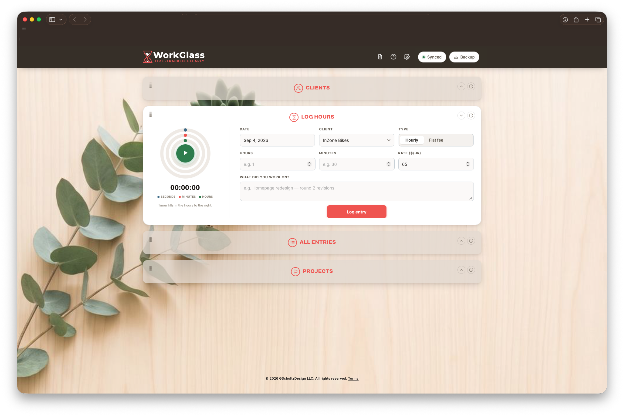 The whole dashboard, with Clients, All entries, and Projects collapsed to bars and the Log hours card open, showing its stopwatch, Date, Client, Type, Hours, Minutes, Rate, and description fields, plus the Log entry button.