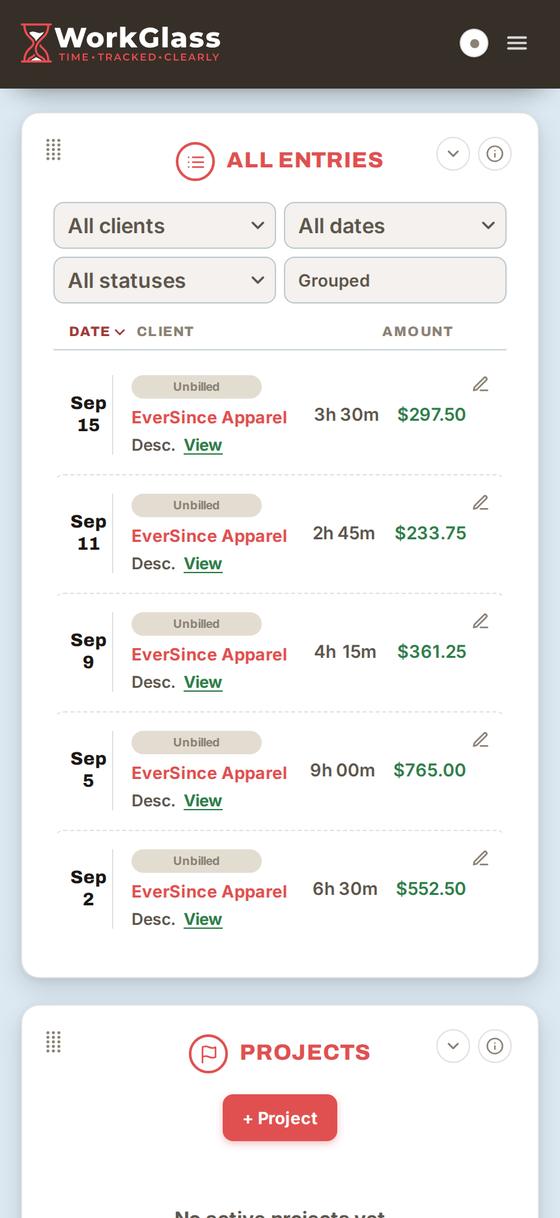 The All Entries list showing five unbilled time entries for EverSince Apparel.