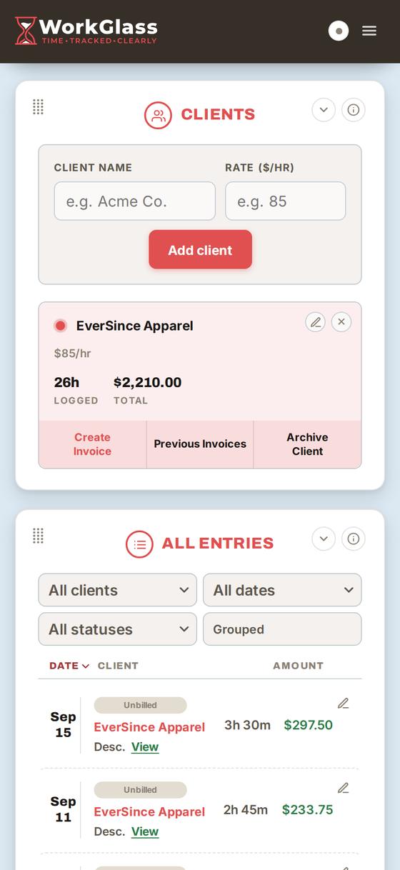 The EverSince Apparel client card showing 26 hours logged, $2,210 total, and a Create Invoice button.