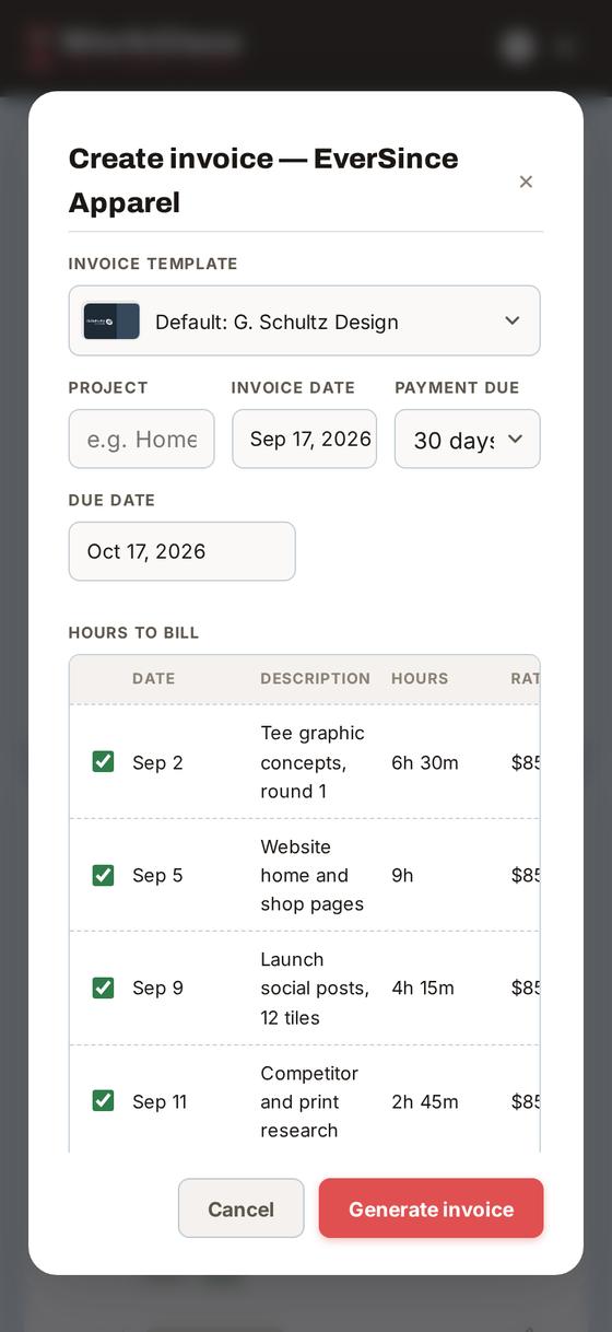 The Create Invoice dialog listing each entry with its hours, rate and amount.