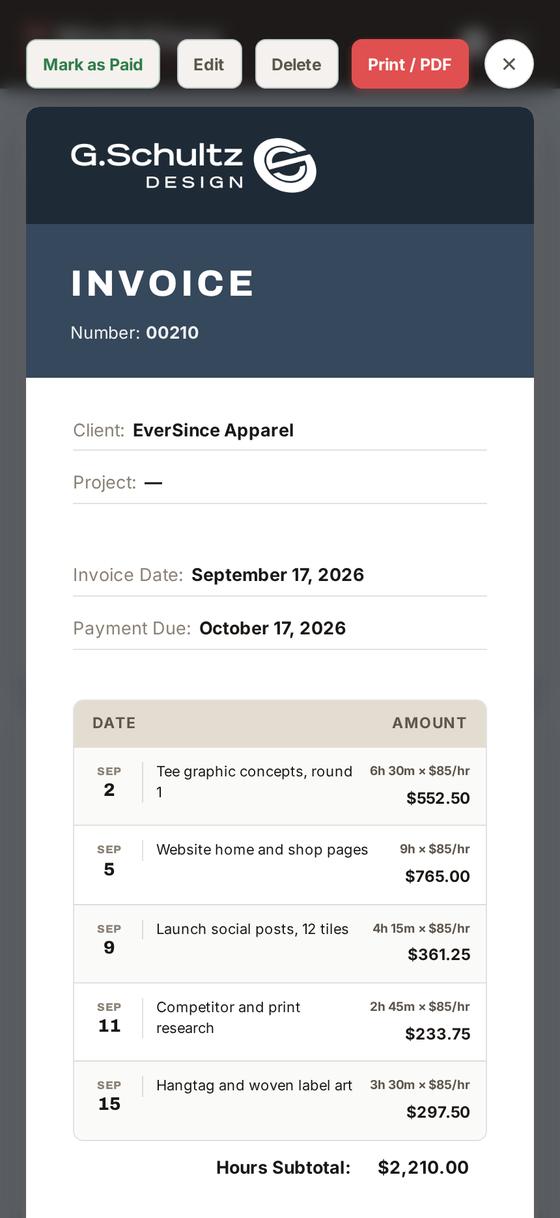The finished invoice showing the G. Schultz Design logo on a slate header, EverSince Apparel as the client, and every line item with a $2,210 subtotal.