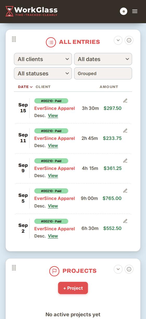 The All Entries list again, every row now marked with invoice number 00210 and Paid.