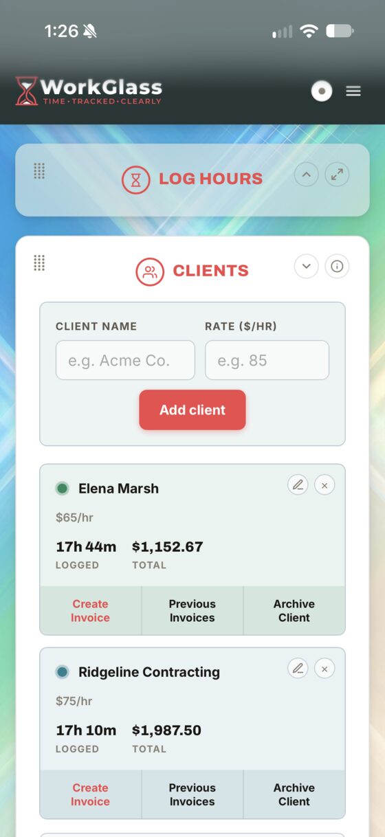 The Clients screen: client cards showing rate, hours logged, total earned and a create-invoice button.
