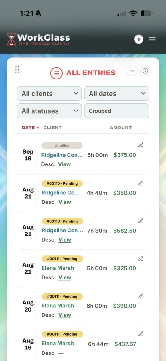 The All Entries screen: entries grouped by invoice, each showing client, hours and amount.