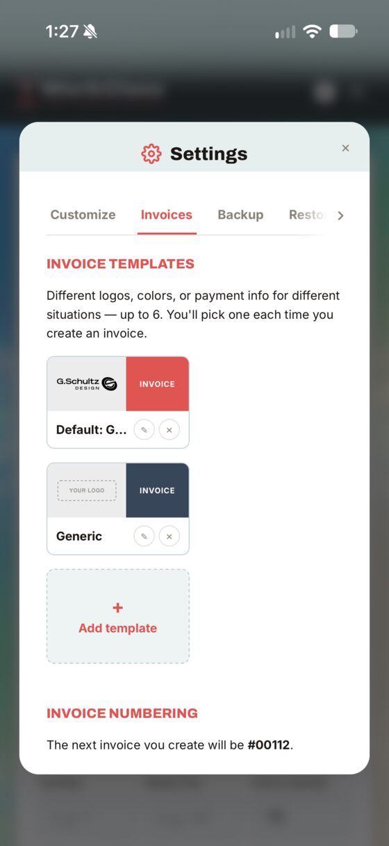The Invoices settings tab showing saved invoice templates and the next invoice number.