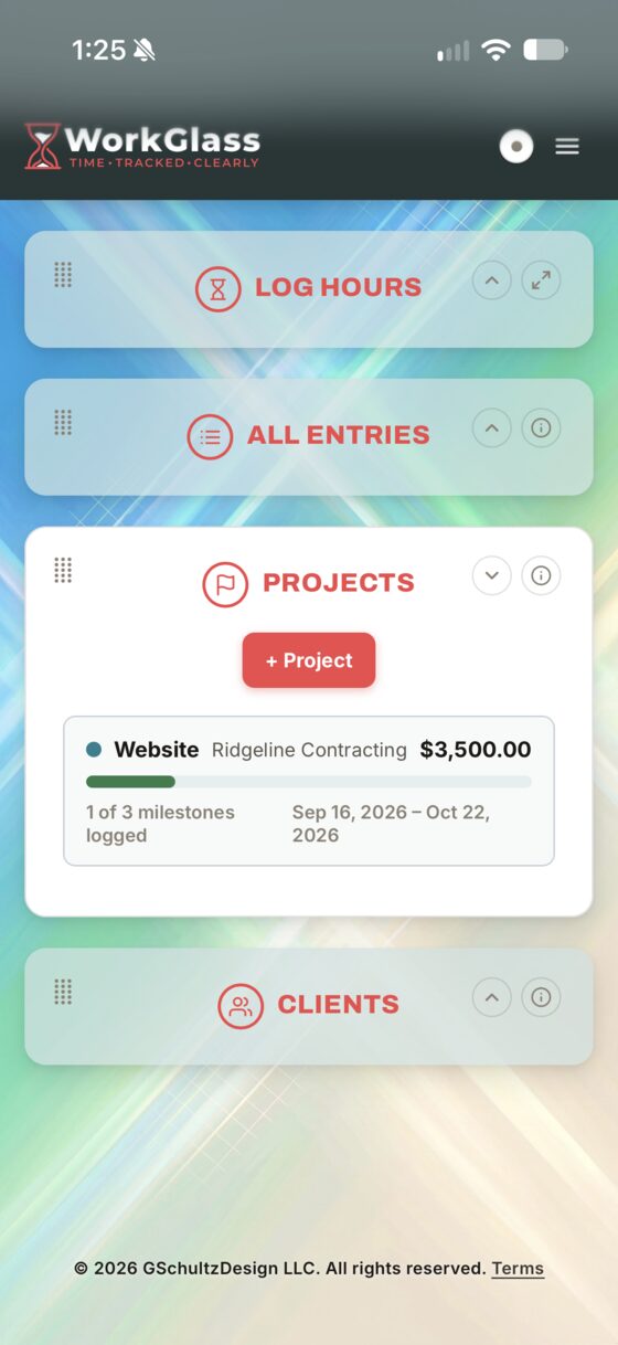 The dashboard showing a Projects card with a project, its value and milestone progress.